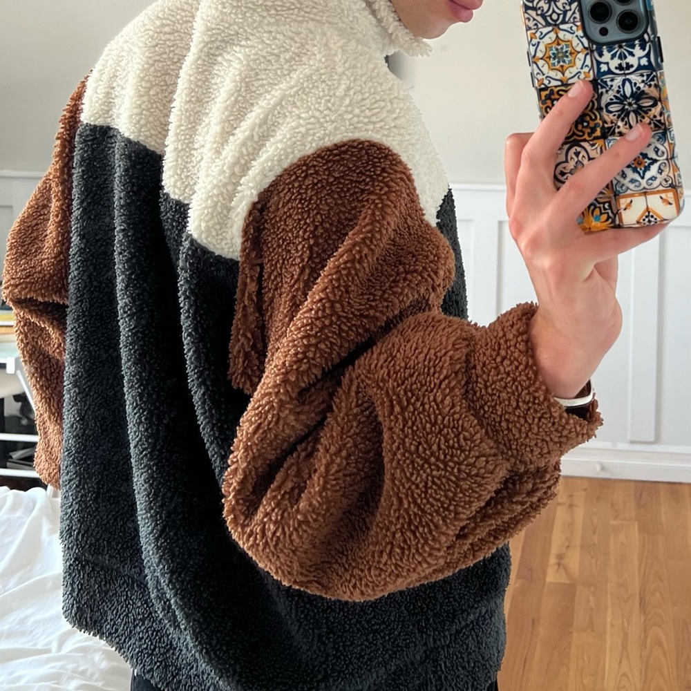 Brown Color Block 1/4 Zip Sherpa Sweater